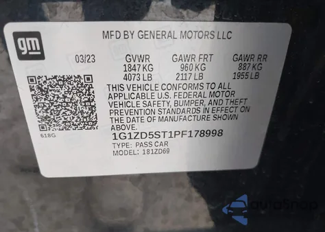2023 Chevrolet Malibu Lt z USA, uszkodzony, nr VIN 1G1ZD5ST1PF178998